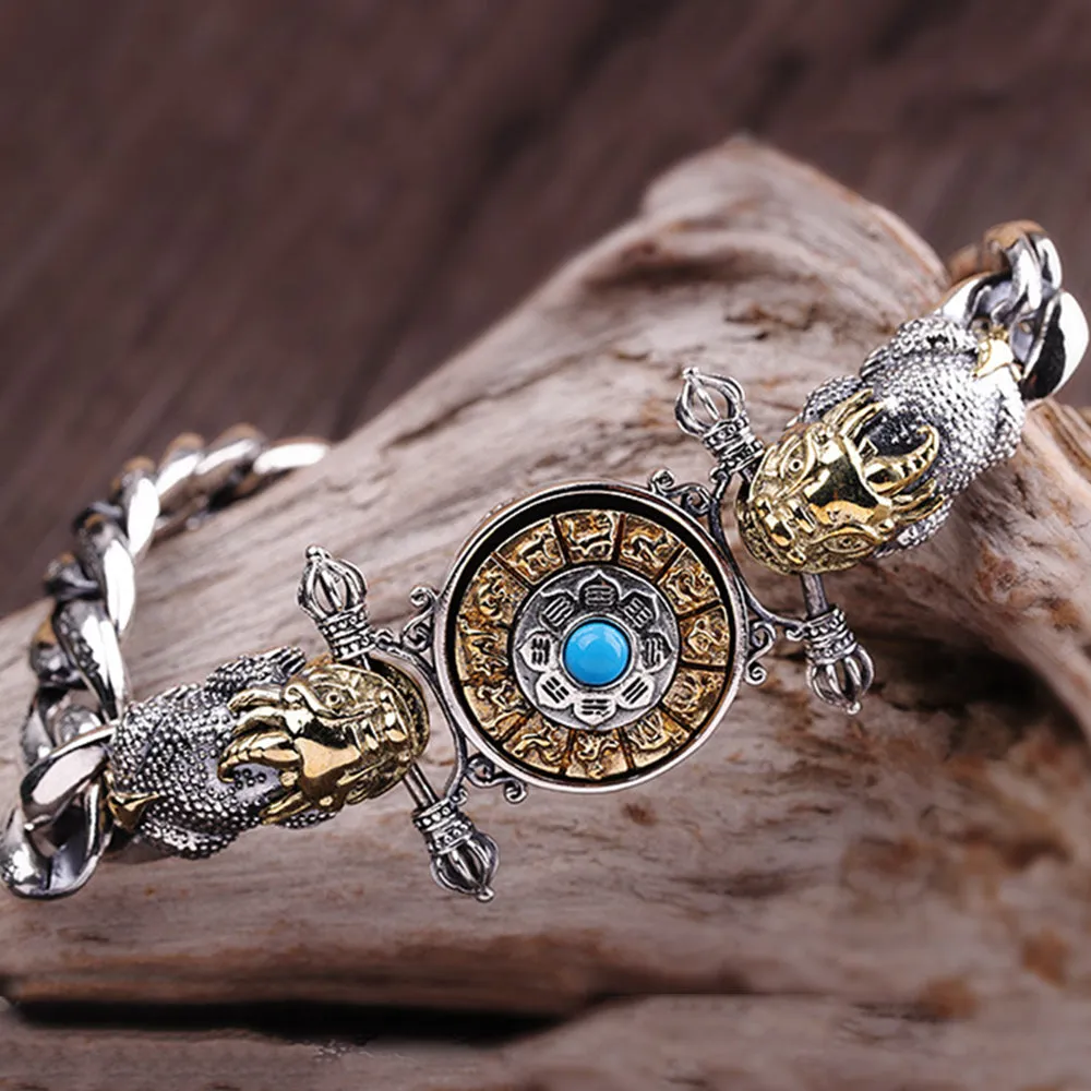 Real Solid 925 Sterling Silver Brass Bracelet Cuban Link Chain Beast Vajra Rotation Gem Inlay Jewelry