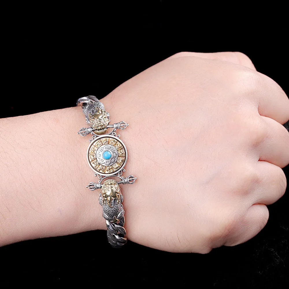 Real Solid 925 Sterling Silver Brass Bracelet Cuban Link Chain Beast Vajra Rotation Gem Inlay Jewelry