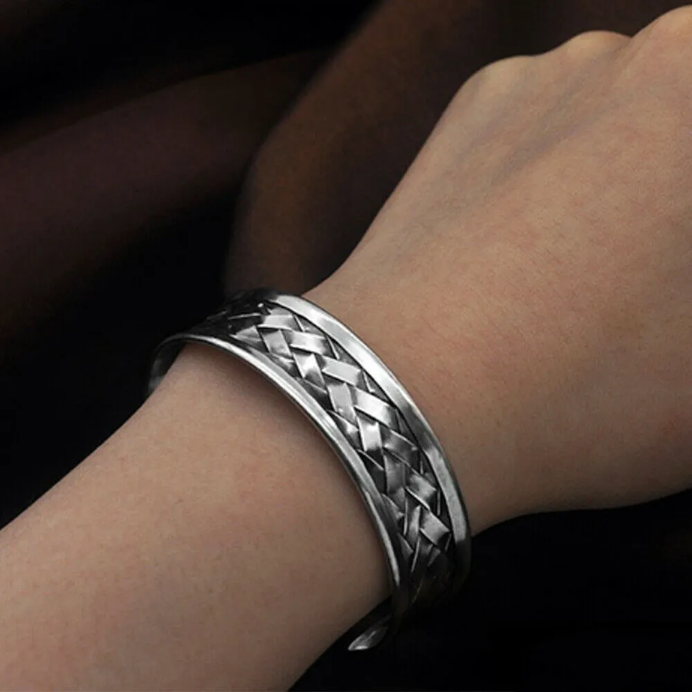 Real Solid 925 Sterling Silver Cuff Bracelet Bangle Braided Fashion Punk Jewelry