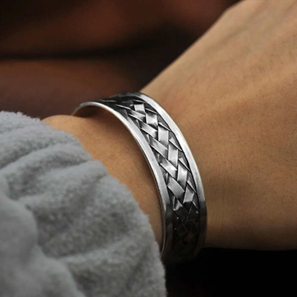 Real Solid 925 Sterling Silver Cuff Bracelet Bangle Braided Fashion Punk Jewelry