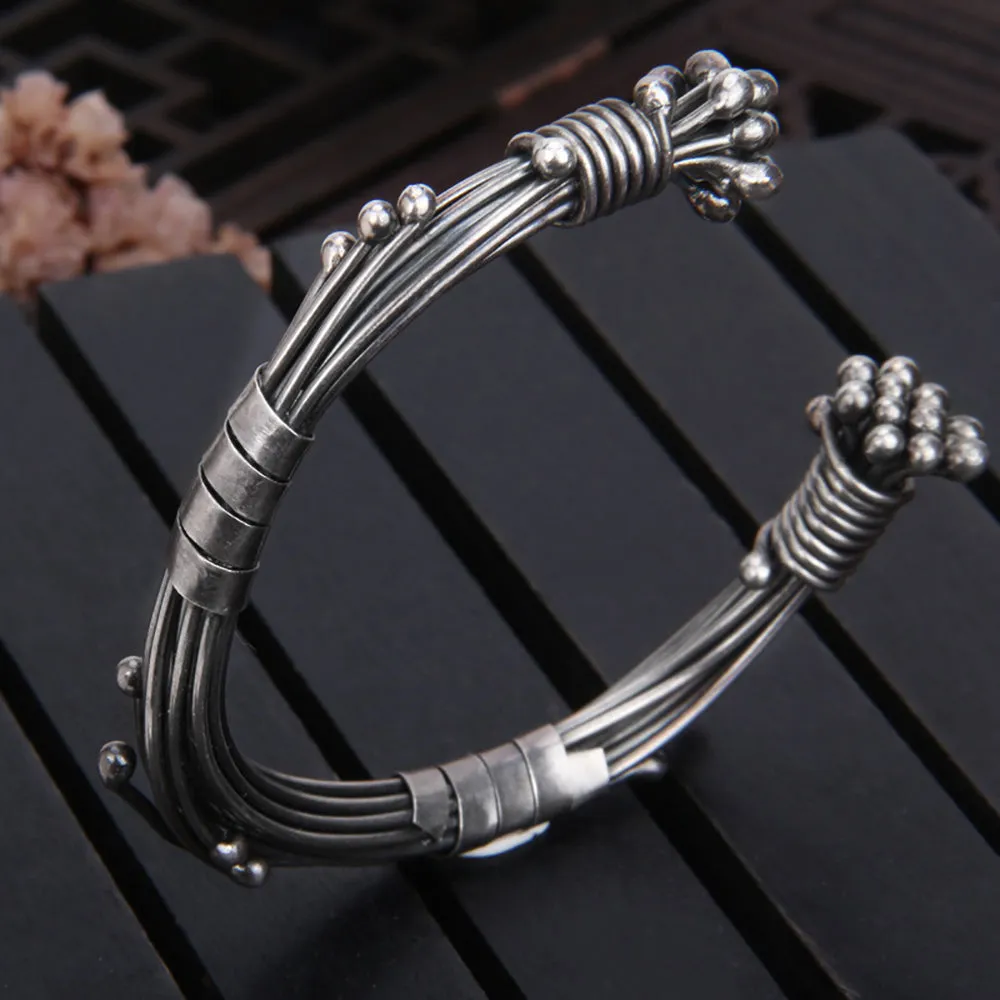 Real Solid 925 Sterling Silver Cuff Bracelet Braided Silver Wire Punk Jewelry Open Bangle Handmade