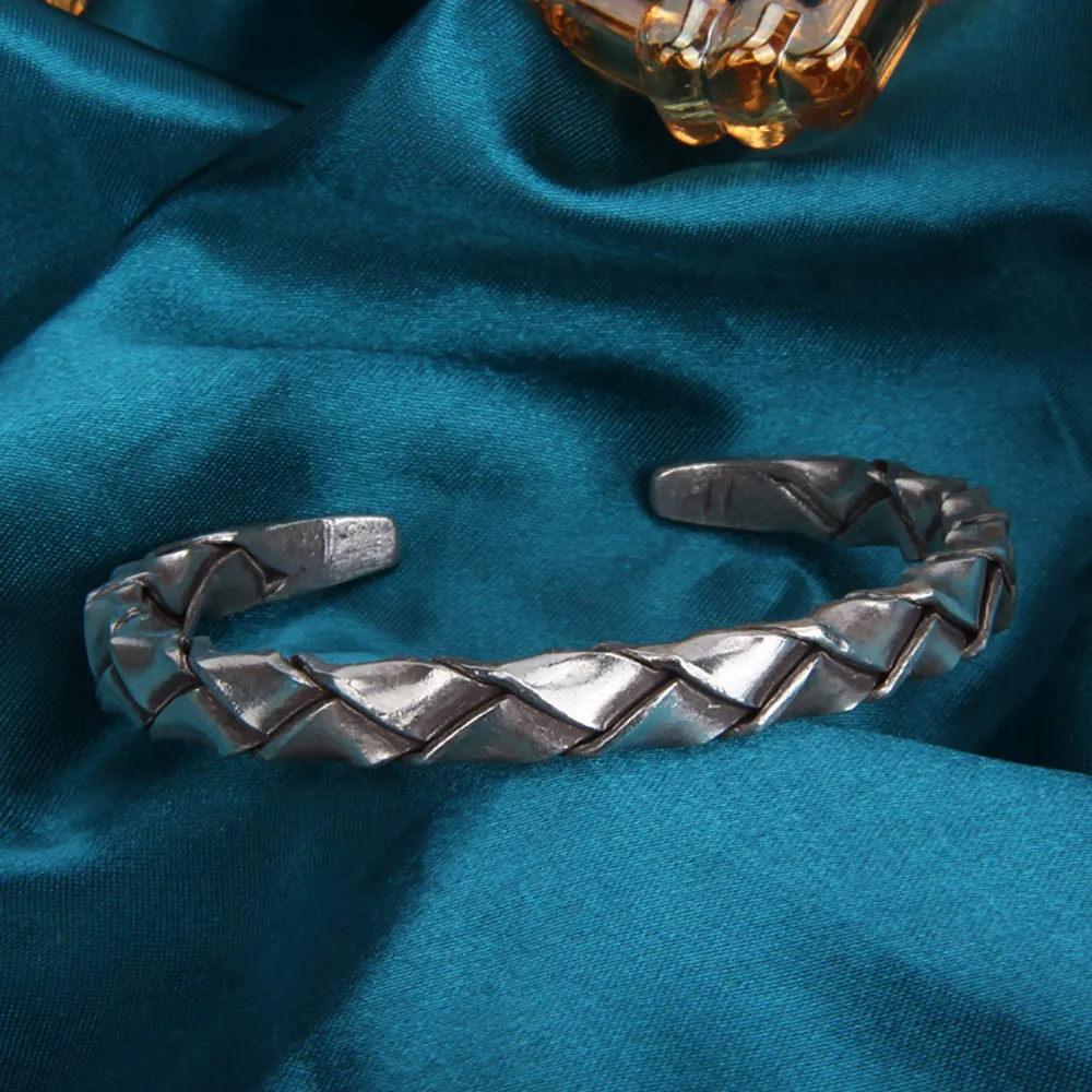 Real Solid 925 Sterling Silver Cuff Bracelet Braided Twist Fashion Punk Jewelry Open Bangle