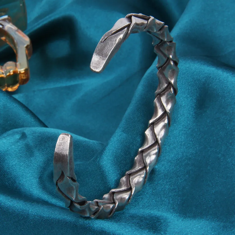 Real Solid 925 Sterling Silver Cuff Bracelet Braided Twist Fashion Punk Jewelry Open Bangle