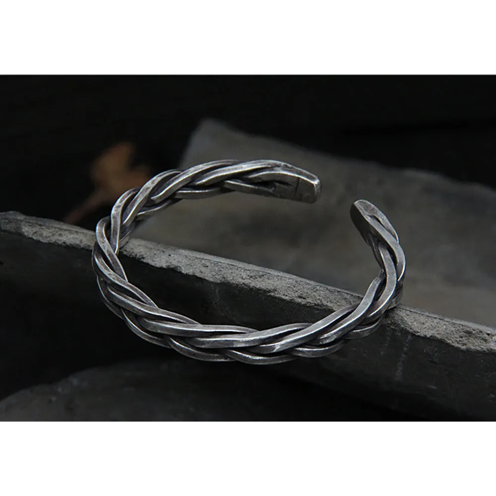 Real Solid 925 Sterling Silver Cuff Bracelet Twist Braided Punk Jewelry Open Bangle