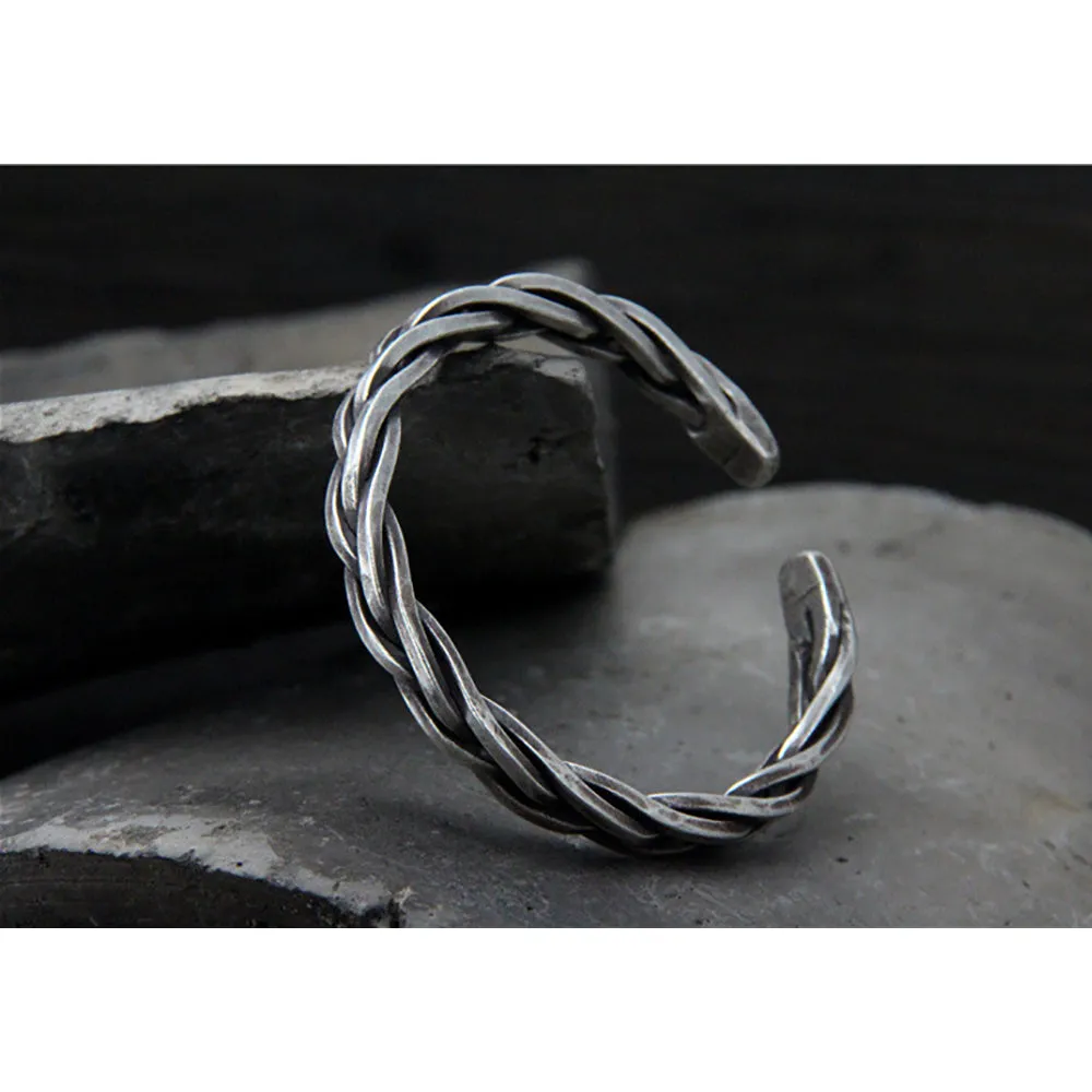 Real Solid 925 Sterling Silver Cuff Bracelet Twist Braided Punk Jewelry Open Bangle
