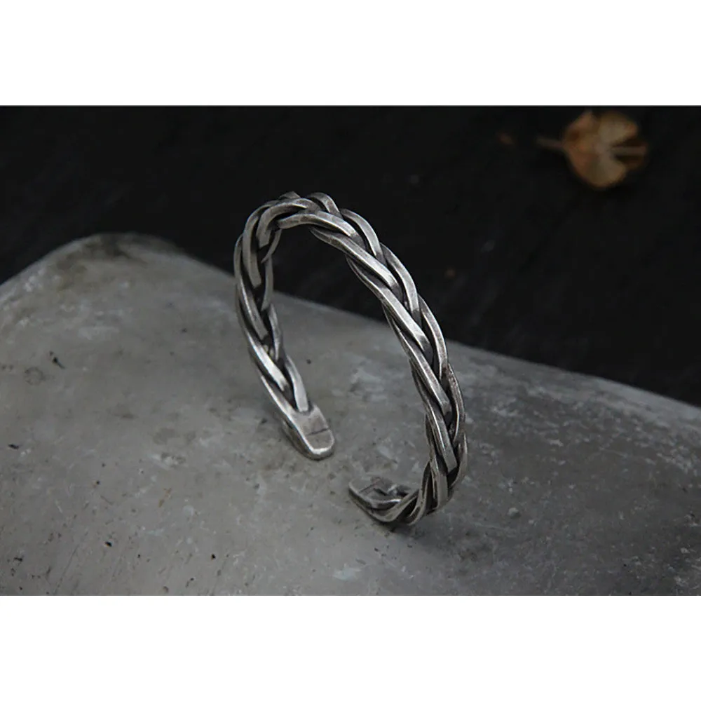 Real Solid 925 Sterling Silver Cuff Bracelet Twist Braided Punk Jewelry Open Bangle