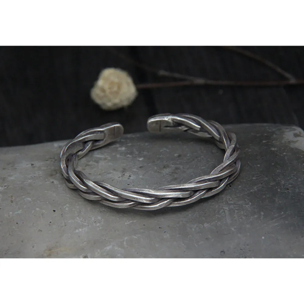 Real Solid 925 Sterling Silver Cuff Bracelet Twist Braided Punk Jewelry Open Bangle