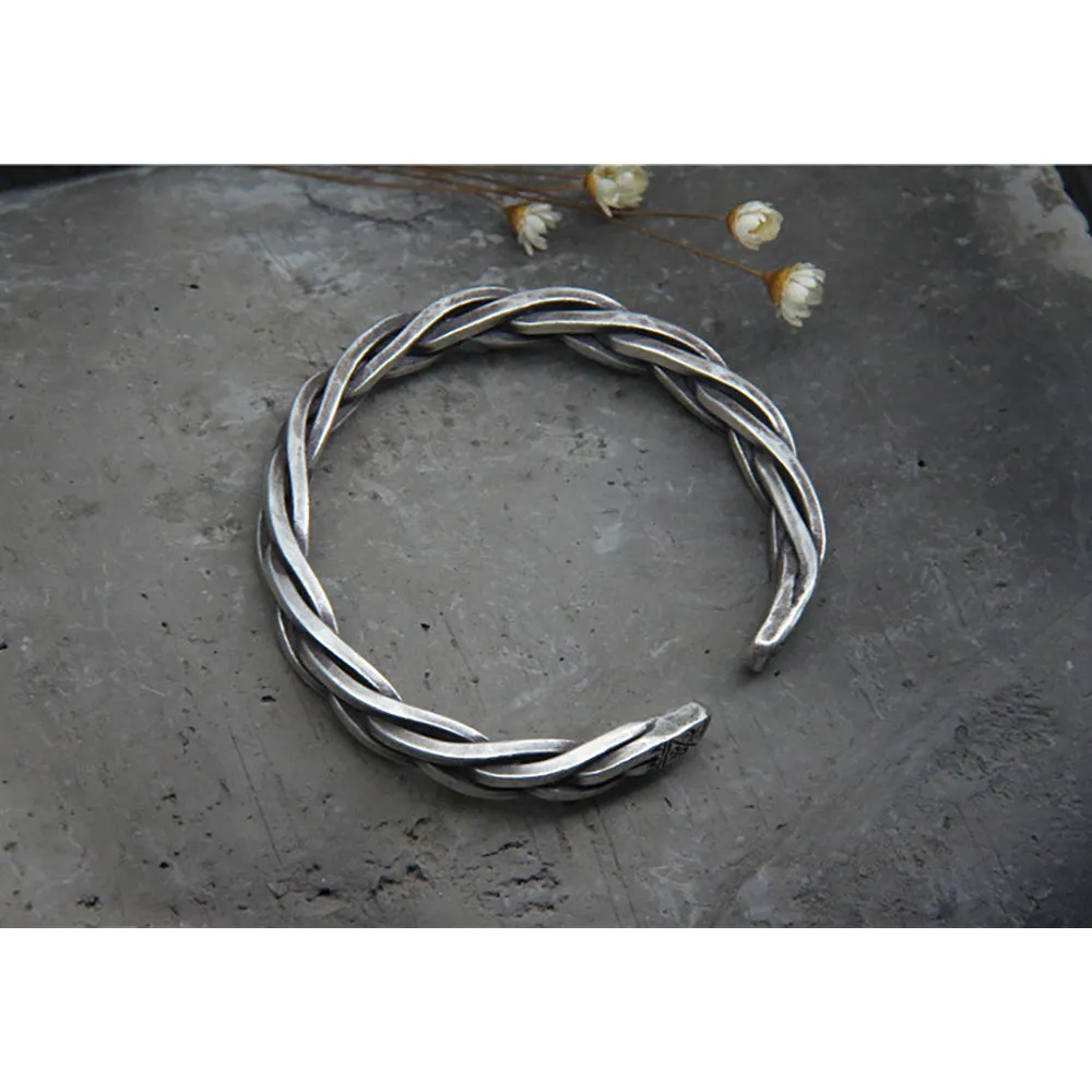 Real Solid 925 Sterling Silver Cuff Bracelet Twist Braided Punk Jewelry Open Bangle