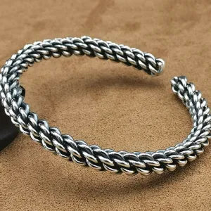 Real Solid 990 Sterling Pure Silver Cuff Bracelet Bangle Twist Braided Punk Jewelry