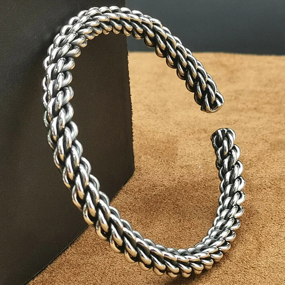 Real Solid 990 Sterling Pure Silver Cuff Bracelet Bangle Twist Braided Punk Jewelry