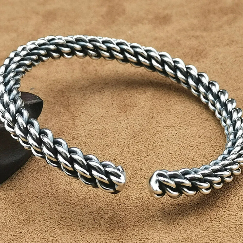Real Solid 990 Sterling Pure Silver Cuff Bracelet Bangle Twist Braided Punk Jewelry