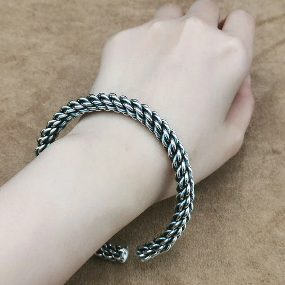 Real Solid 990 Sterling Pure Silver Cuff Bracelet Bangle Twist Braided Punk Jewelry