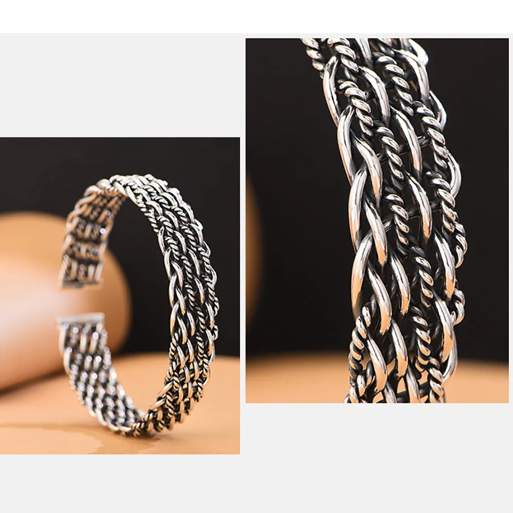 Real Solid 999 Fine Silver Cuff Bracelet Braided Twist Fashion Punk Jewelry Open Bangle