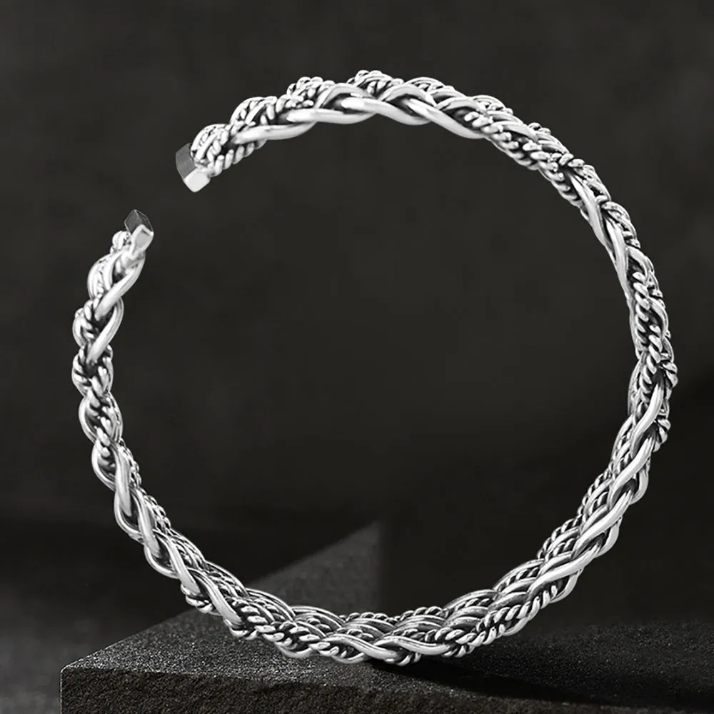Real Solid 999 Fine Silver Cuff Bracelet Braided Twist Fashion Punk Jewelry Open Bangle