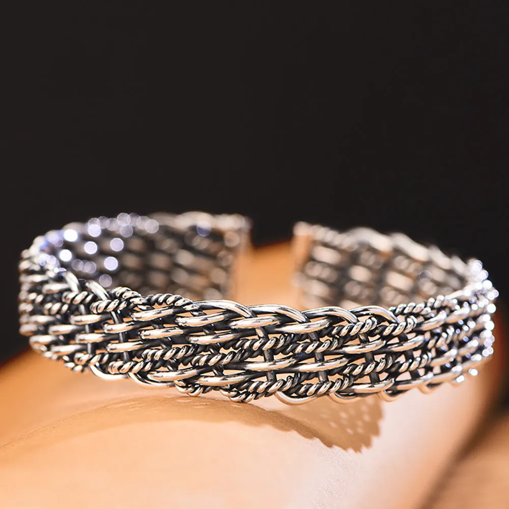 Real Solid 999 Fine Silver Cuff Bracelet Braided Twist Fashion Punk Jewelry Open Bangle