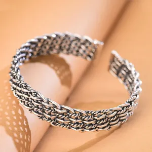 Real Solid 999 Fine Silver Cuff Bracelet Braided Twist Fashion Punk Jewelry Open Bangle