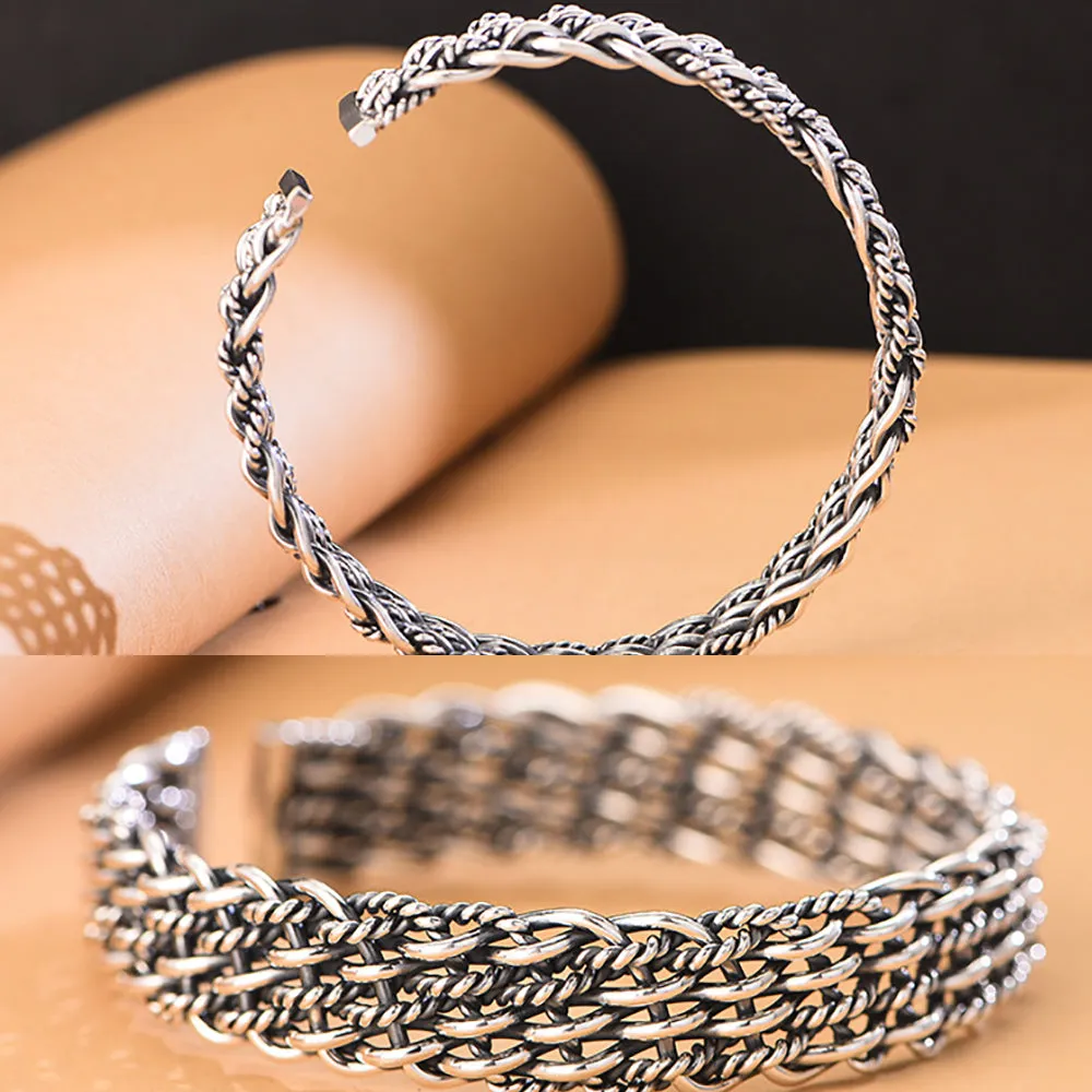 Real Solid 999 Fine Silver Cuff Bracelet Braided Twist Fashion Punk Jewelry Open Bangle