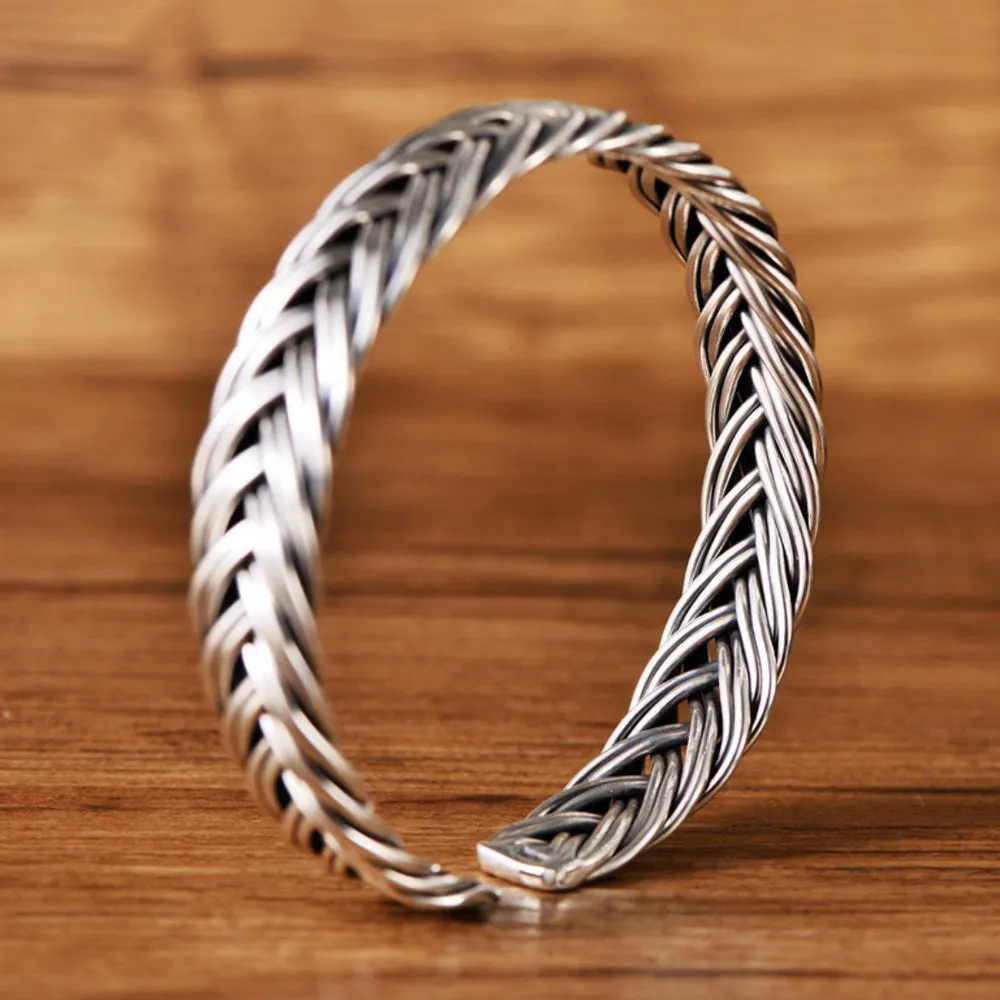 Real Solid 999 Fine Silver Cuff Bracelet Braided Twist Open Bangle Fashion Jewelry