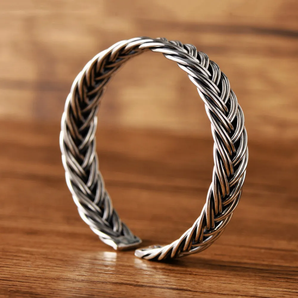 Real Solid 999 Fine Silver Cuff Bracelet Braided Twist Open Bangle Fashion Jewelry