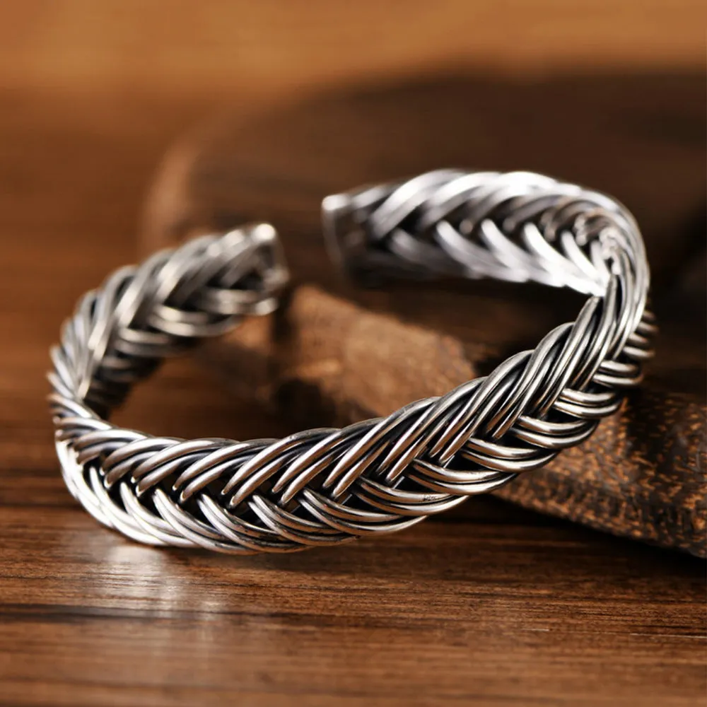 Real Solid 999 Fine Silver Cuff Bracelet Braided Twist Open Bangle Fashion Jewelry