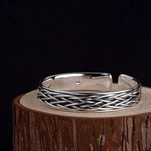 Real Solid 999 Sterling Pure Silver Cuff Bracelet Bangle Braided Woven Fashion Punk Jewelry
