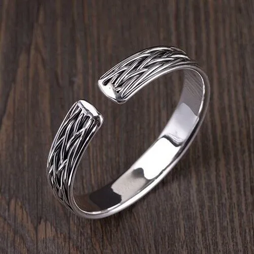 Real Solid 999 Sterling Pure Silver Cuff Bracelet Bangle Braided Woven Fashion Punk Jewelry