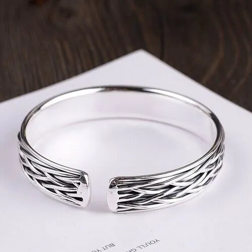 Real Solid 999 Sterling Pure Silver Cuff Bracelet Bangle Braided Woven Fashion Punk Jewelry