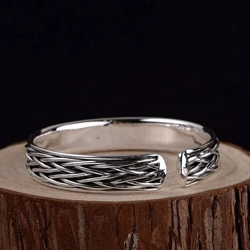 Real Solid 999 Sterling Pure Silver Cuff Bracelet Bangle Braided Woven Fashion Punk Jewelry