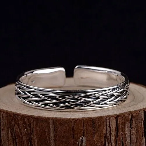 Real Solid 999 Sterling Pure Silver Cuff Bracelet Bangle Braided Woven Fashion Punk Jewelry