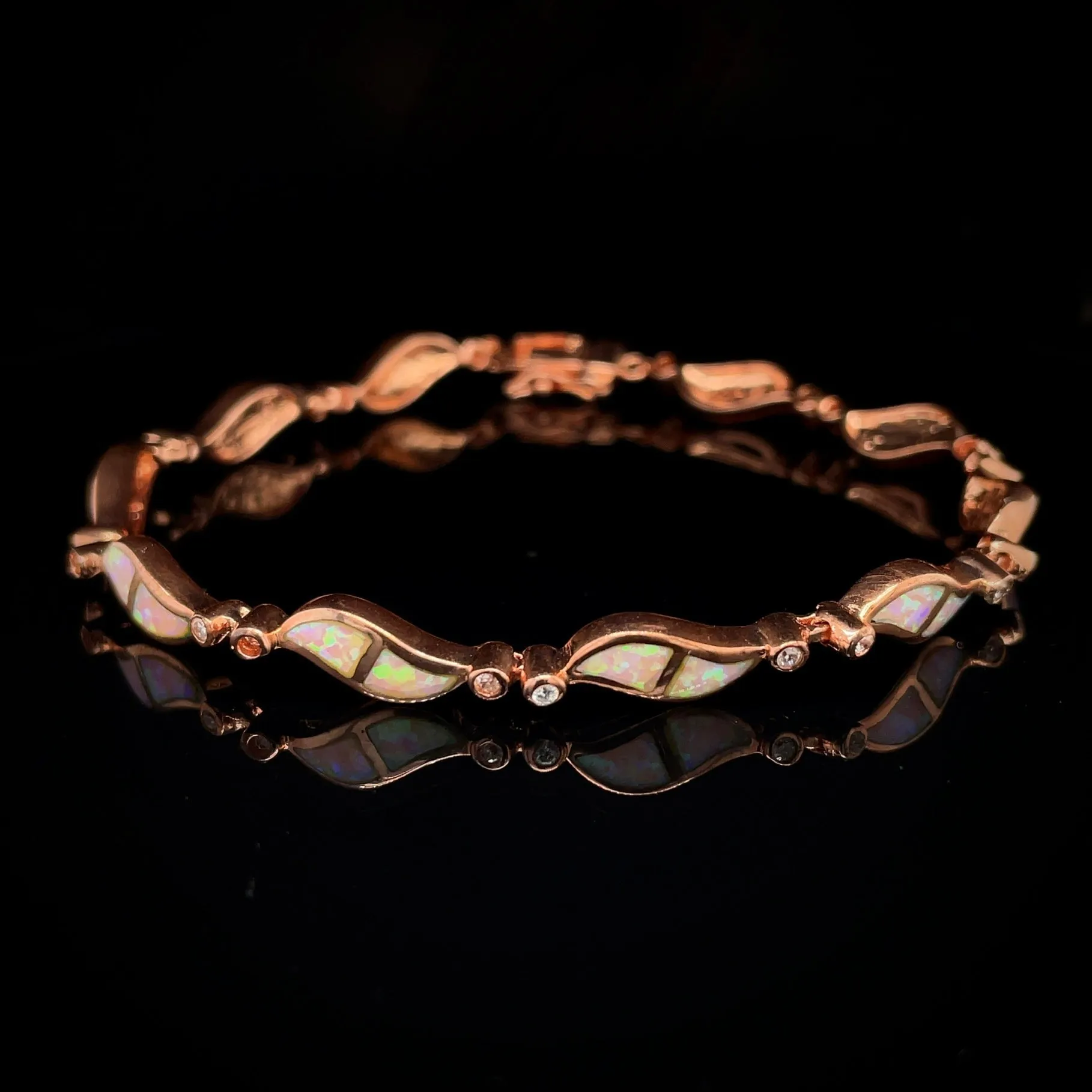 Rose Gold Plated 925 Pink Opal Wave Link Bracelet