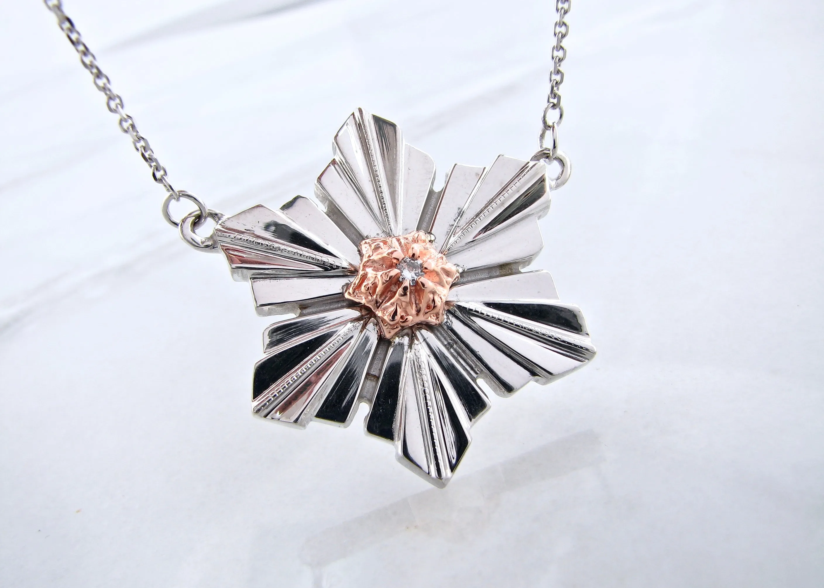 Rose Gold Silver Diamond Snowflake Pendant, Art Deco