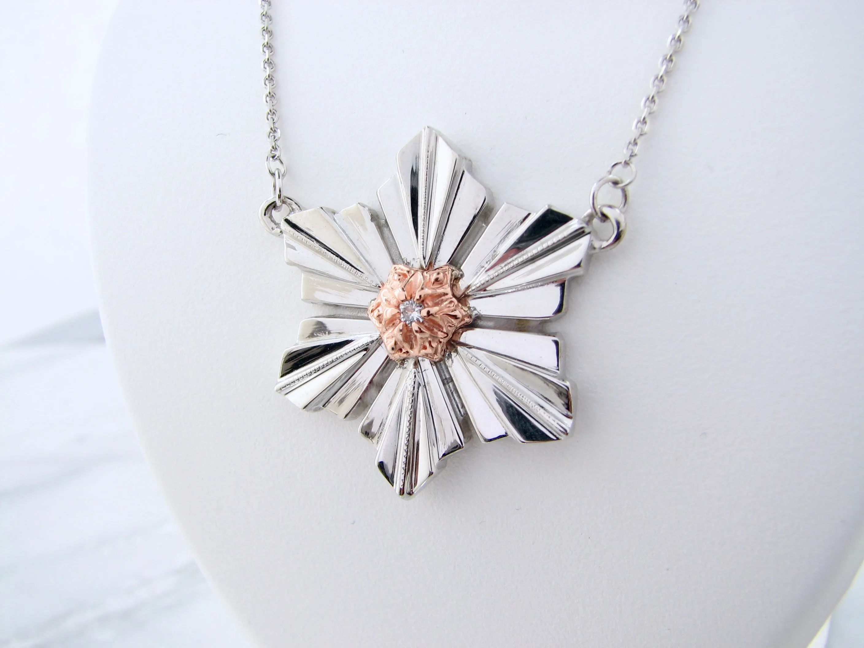 Rose Gold Silver Diamond Snowflake Pendant, Art Deco