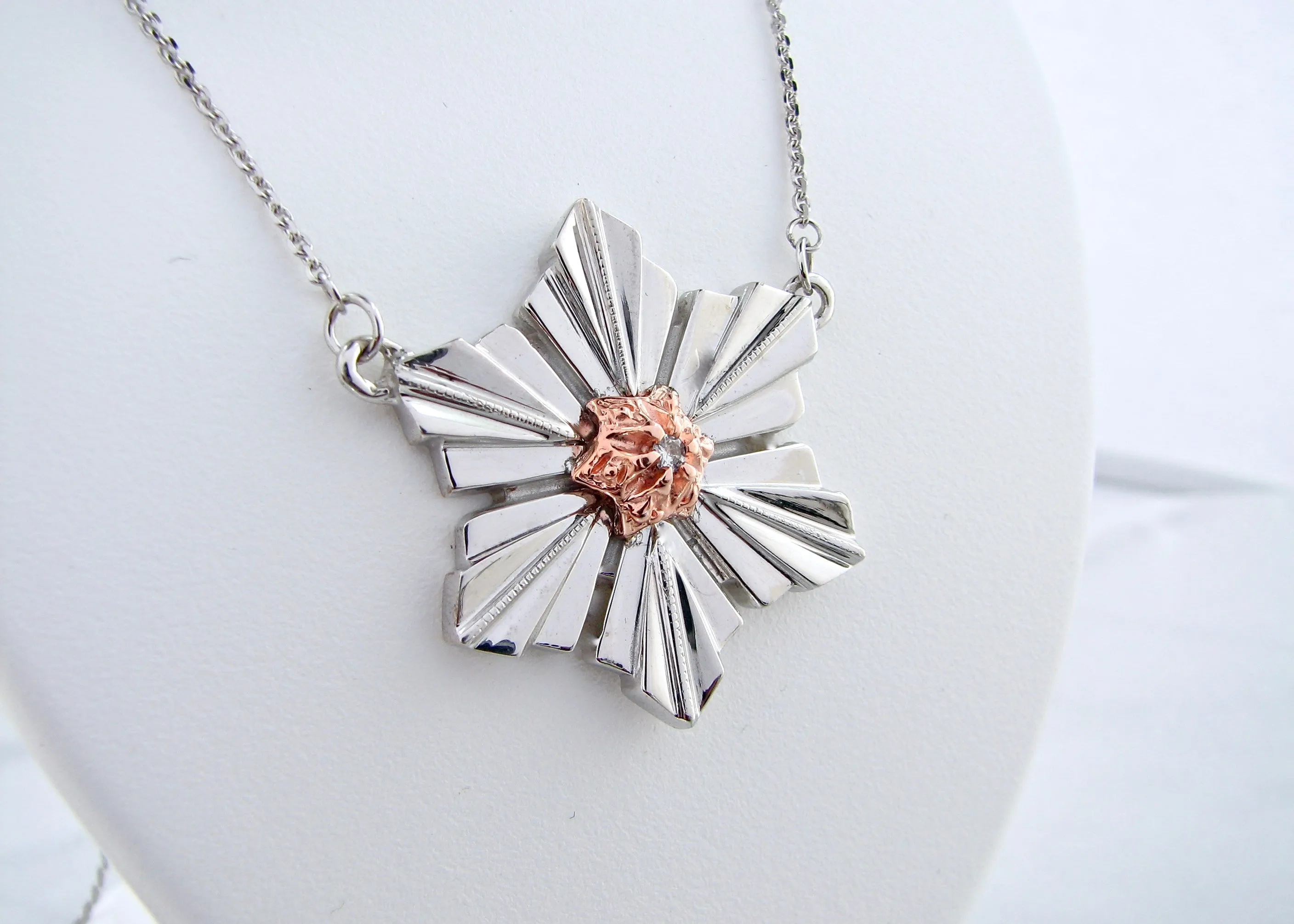 Rose Gold Silver Diamond Snowflake Pendant, Art Deco