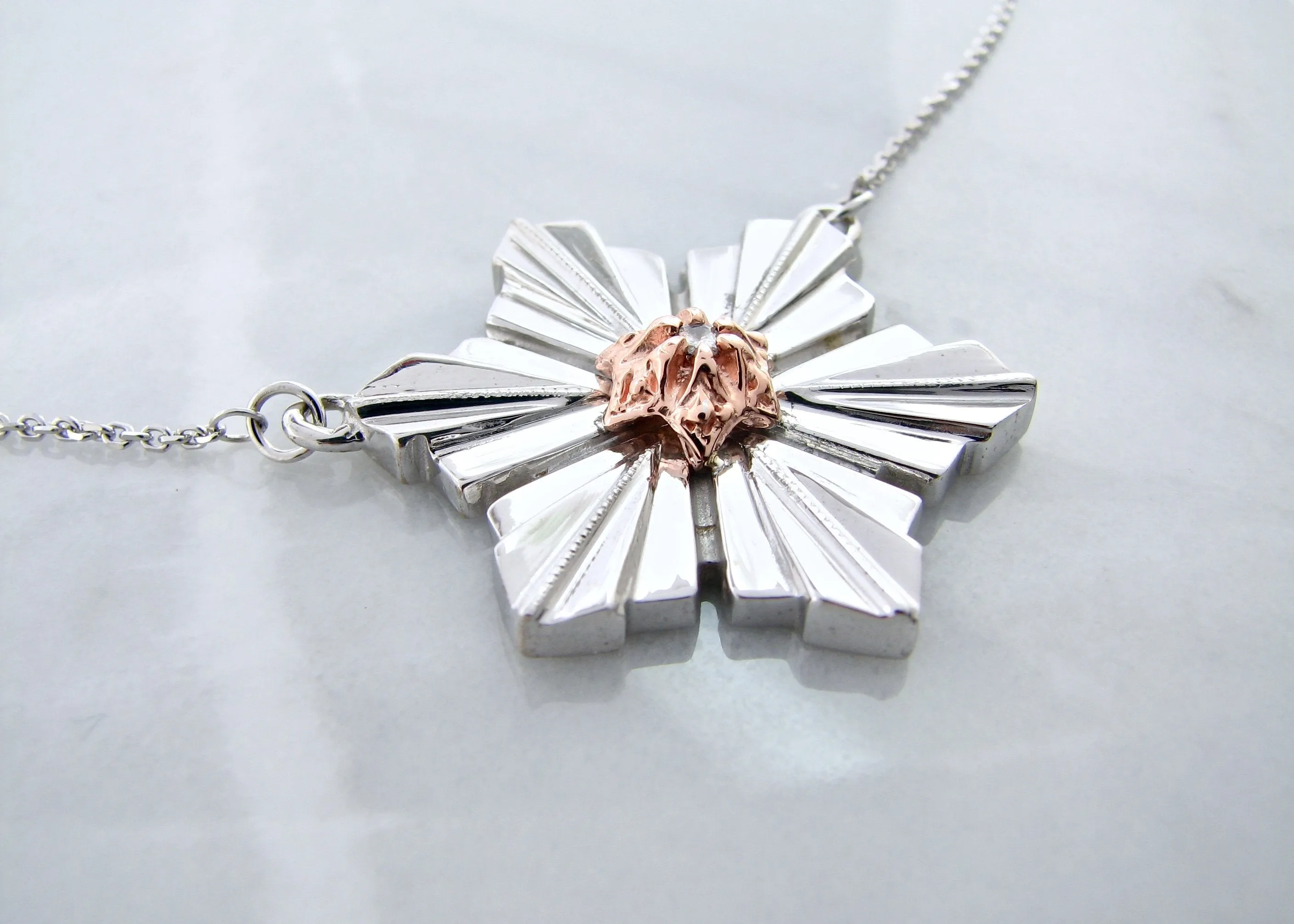 Rose Gold Silver Diamond Snowflake Pendant, Art Deco