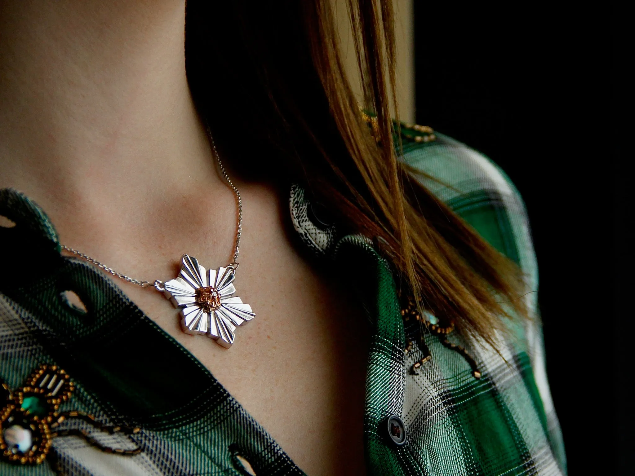 Rose Gold Silver Diamond Snowflake Pendant, Art Deco