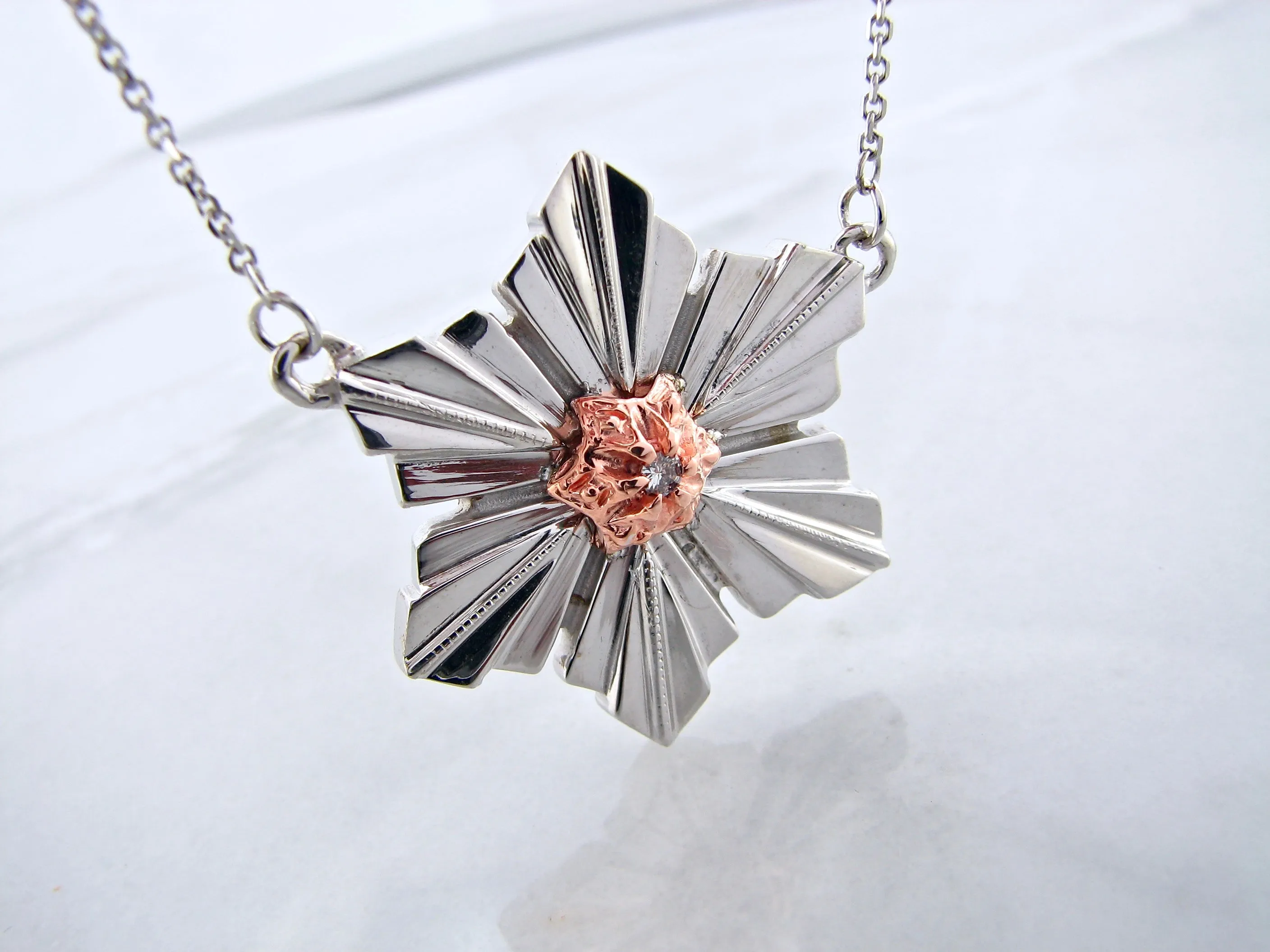 Rose Gold Silver Diamond Snowflake Pendant, Art Deco