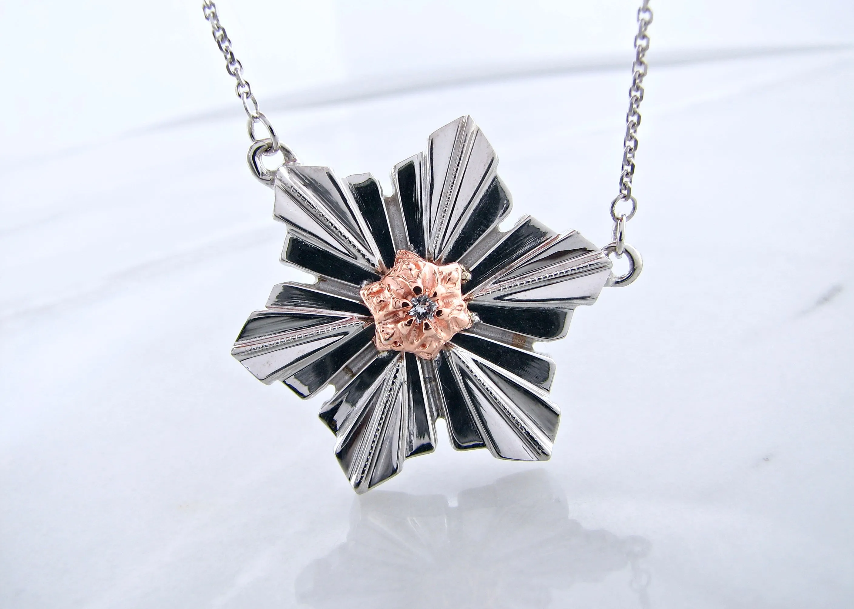Rose Gold Silver Diamond Snowflake Pendant, Art Deco