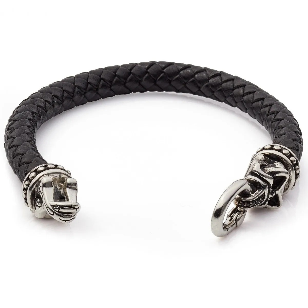 Scott Kay Men's Braided Bracelet Leather with Sterling Silver Skull Clasp, Black, 8.5 IN