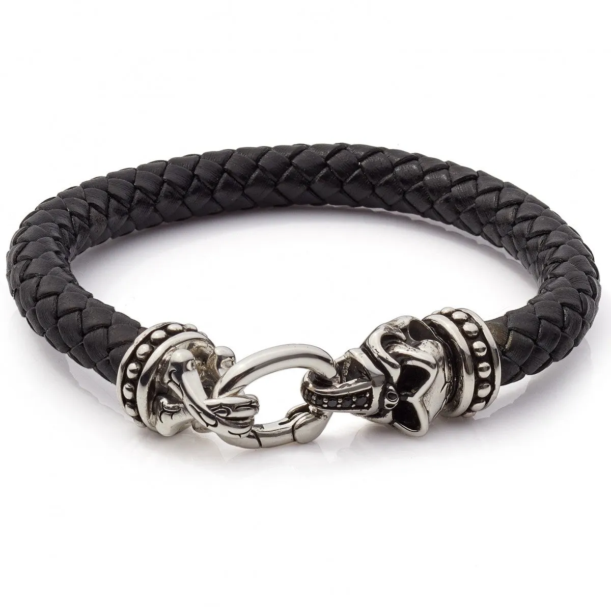 Scott Kay Men's Braided Bracelet Leather with Sterling Silver Skull Clasp, Black, 8.5 IN