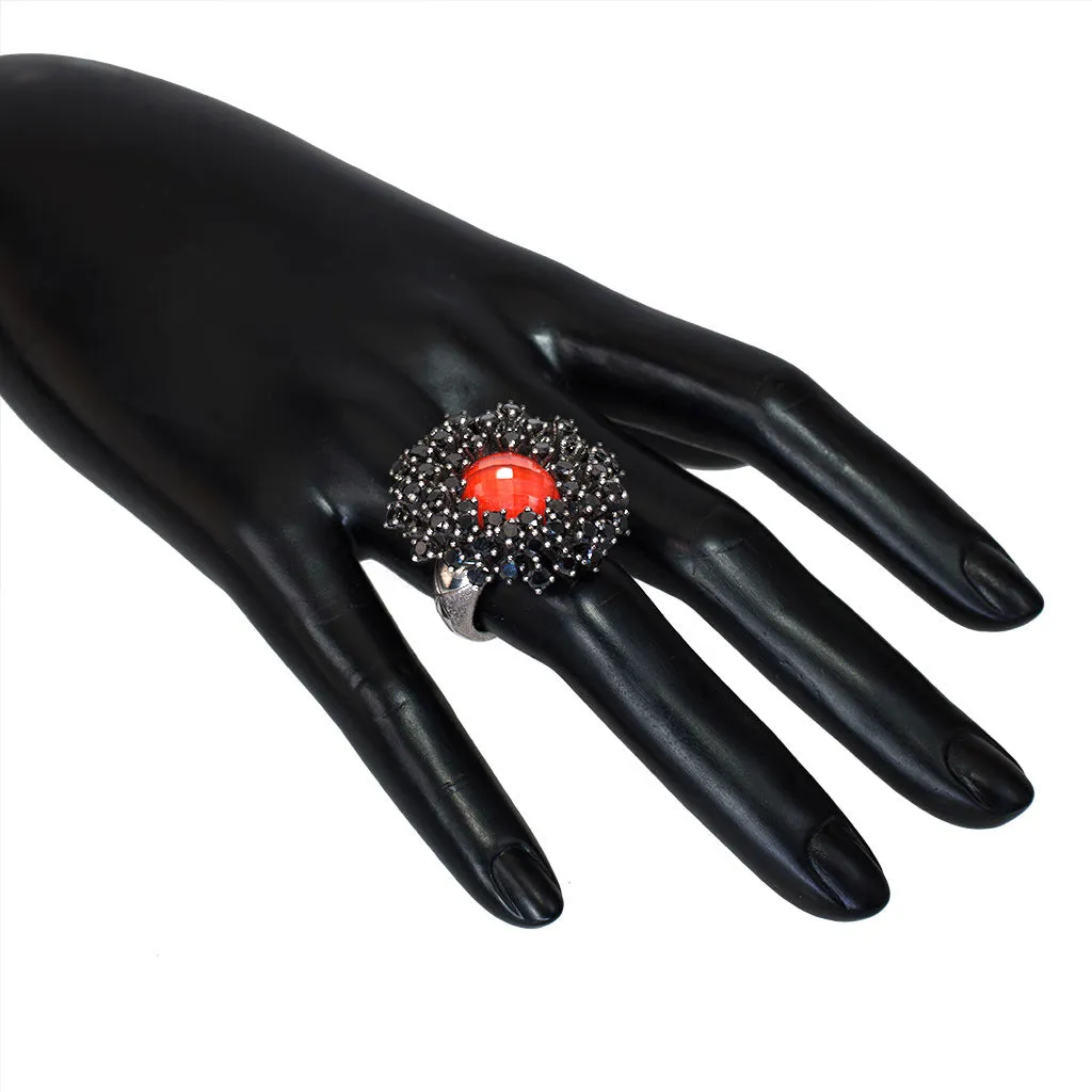 Silver Astra Ring with Red Agate Quartz & Black Spinel