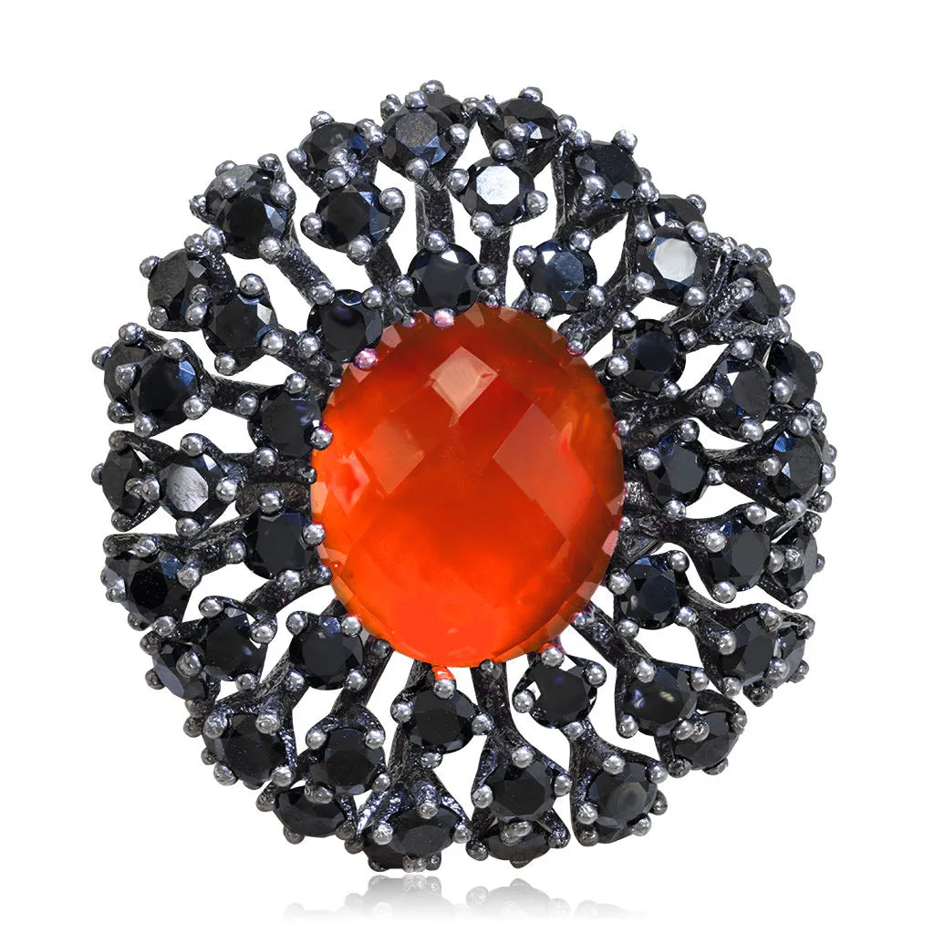 Silver Astra Ring with Red Agate Quartz & Black Spinel