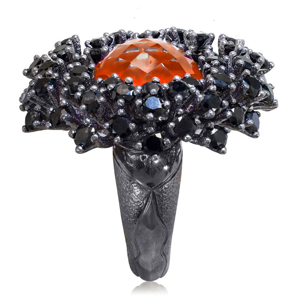 Silver Astra Ring with Red Agate Quartz & Black Spinel