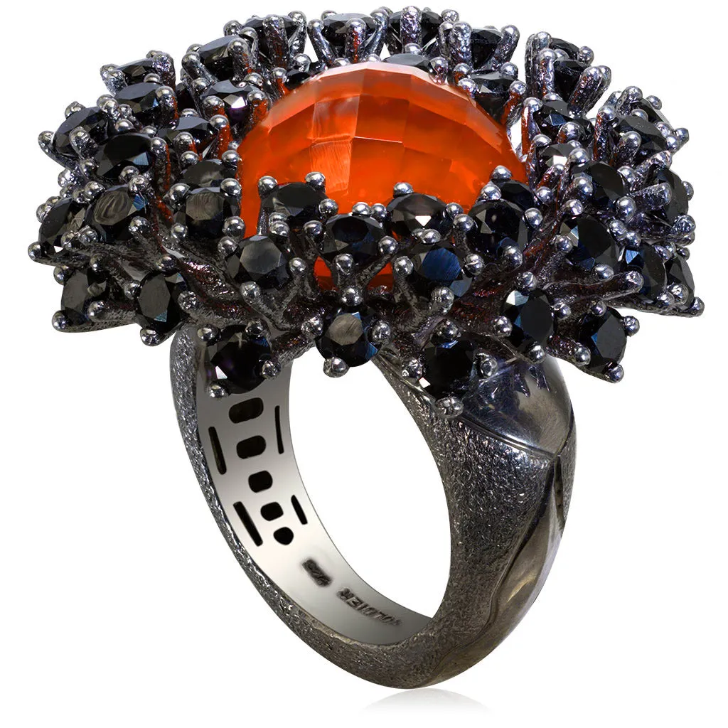 Silver Astra Ring with Red Agate Quartz & Black Spinel