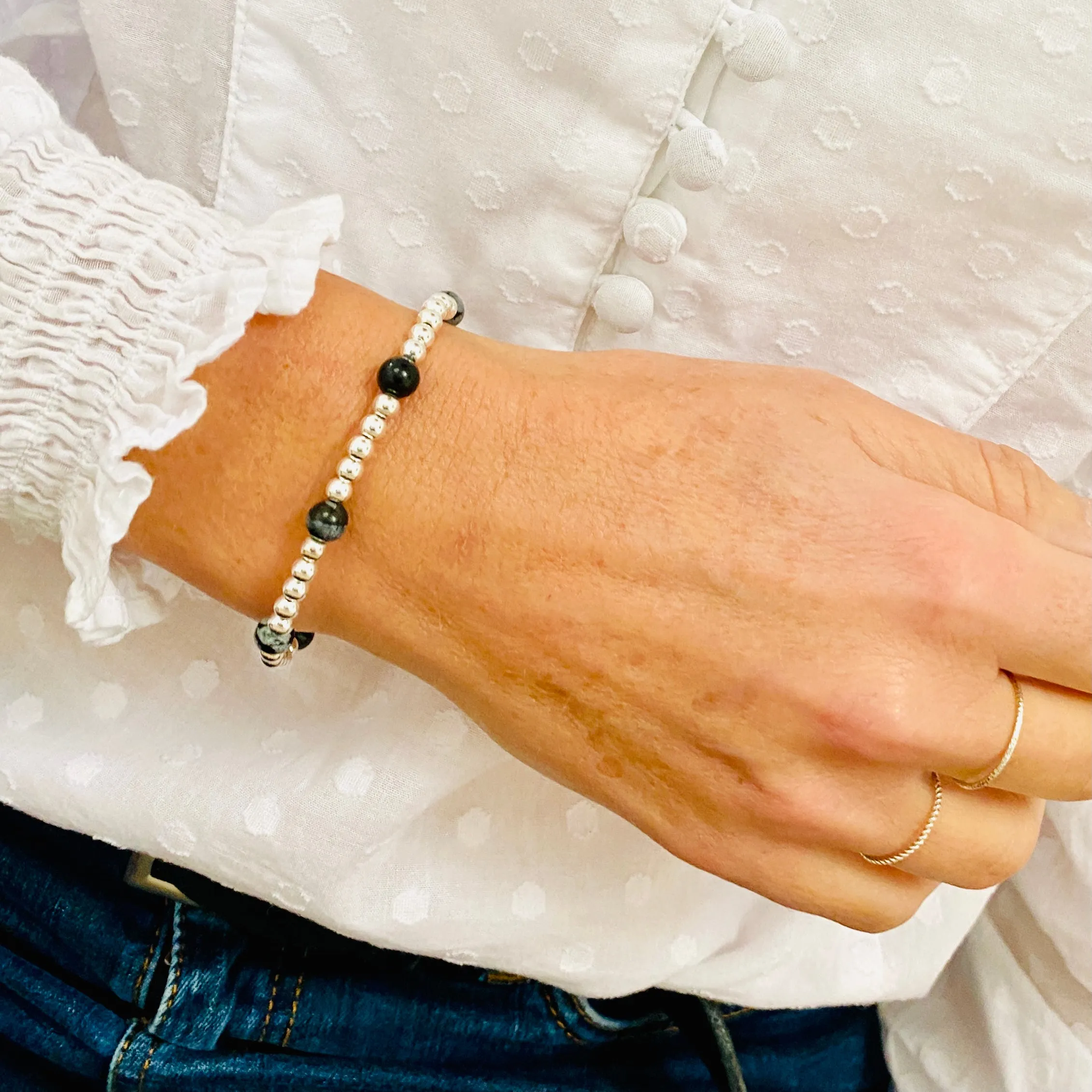 Silver Bead and Snowflake Obsidian Gemstone Bracelet