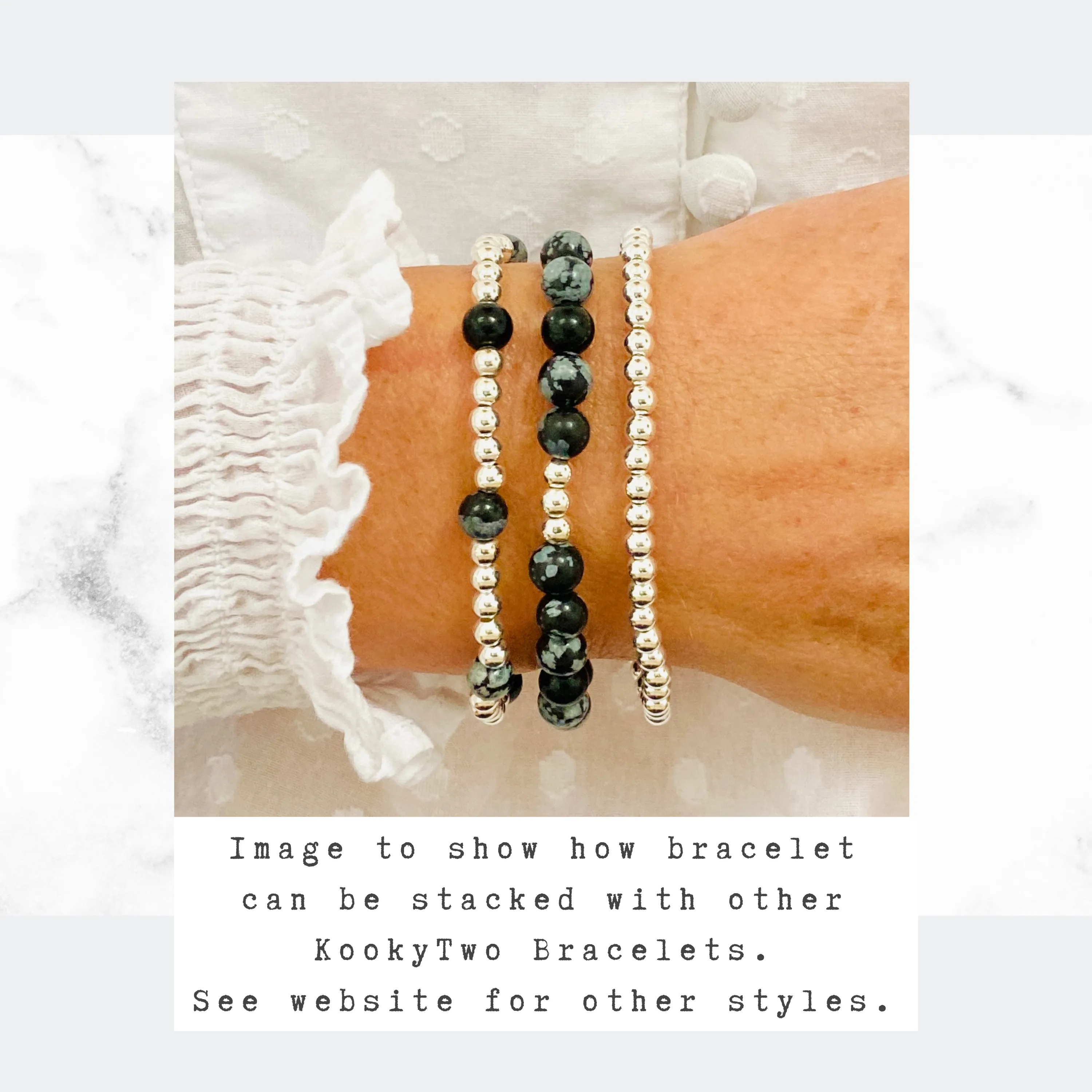 Silver Bead and Snowflake Obsidian Gemstone Bracelet