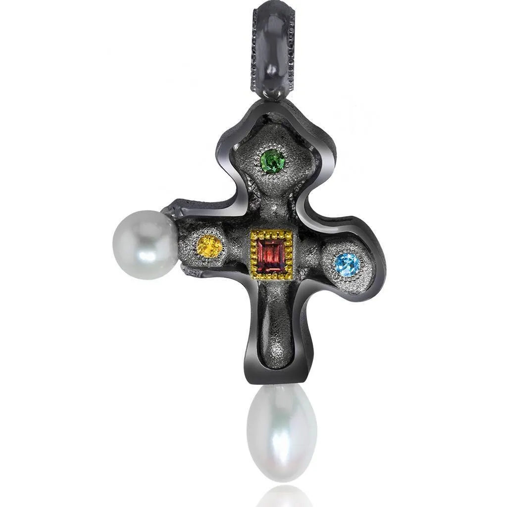 Silver Blackened Byzantine Cross with Gemstones