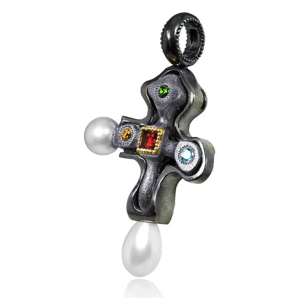 Silver Blackened Byzantine Cross with Gemstones