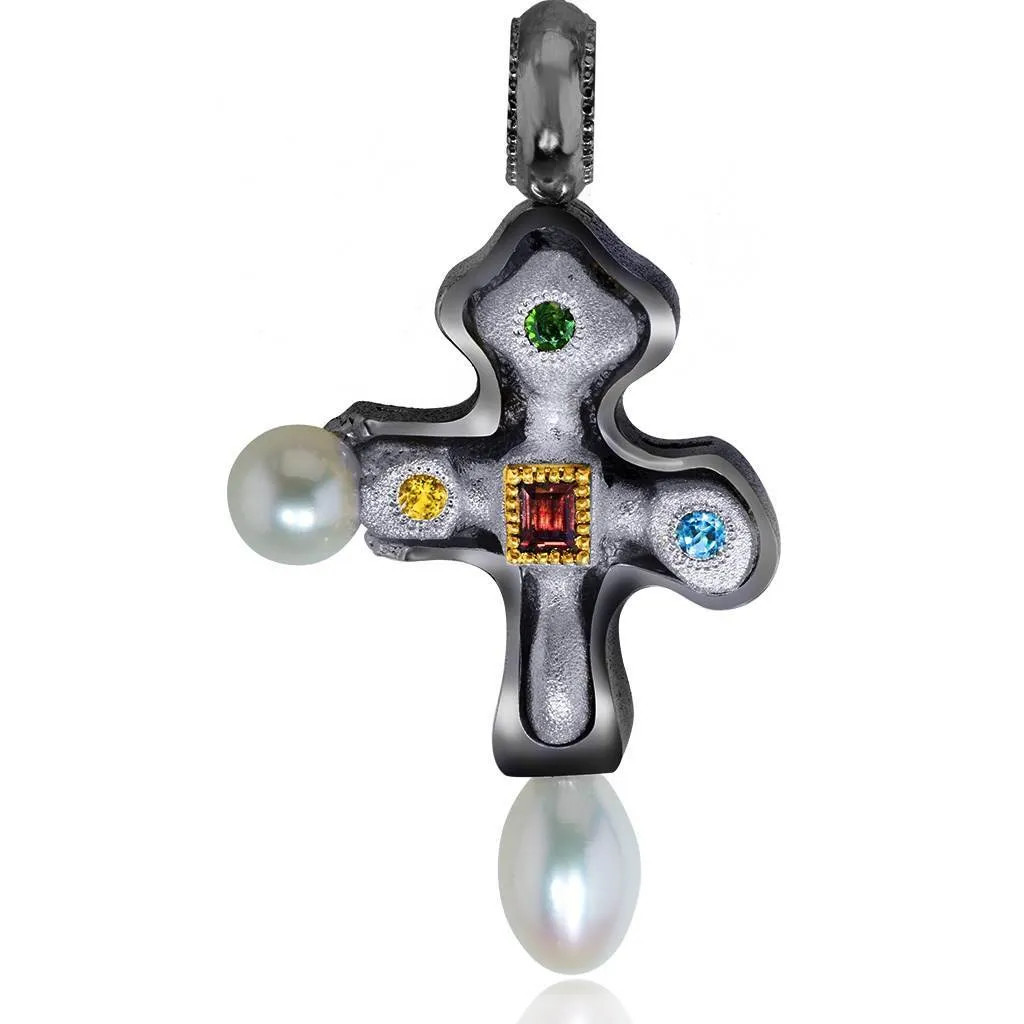 Silver Blackened Byzantine Cross with Gemstones