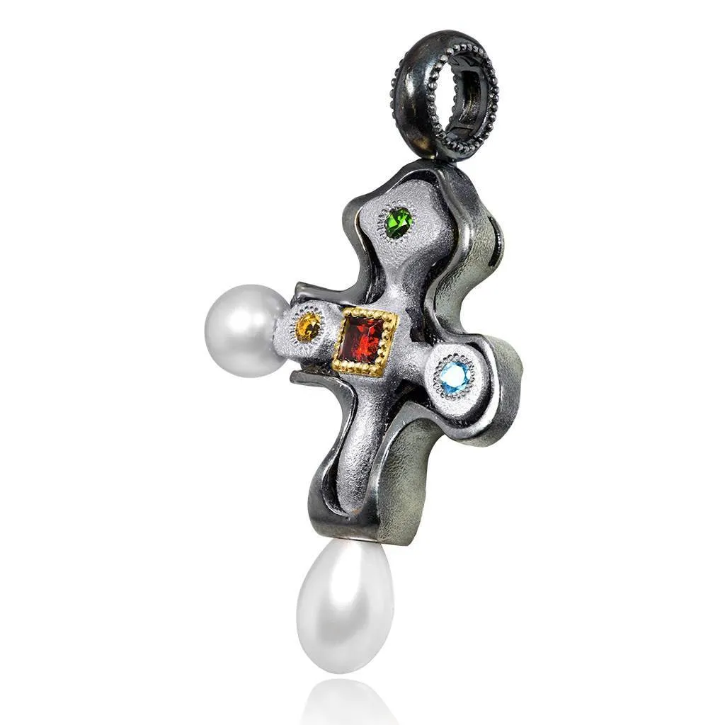 Silver Blackened Byzantine Cross with Gemstones