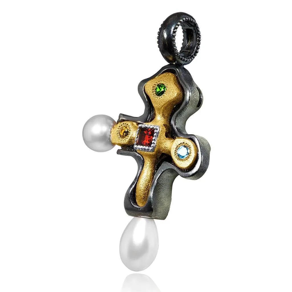 Silver Blackened Byzantine Cross with Gemstones